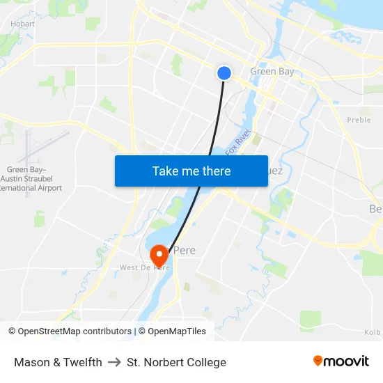 Mason & Twelfth to St. Norbert College map