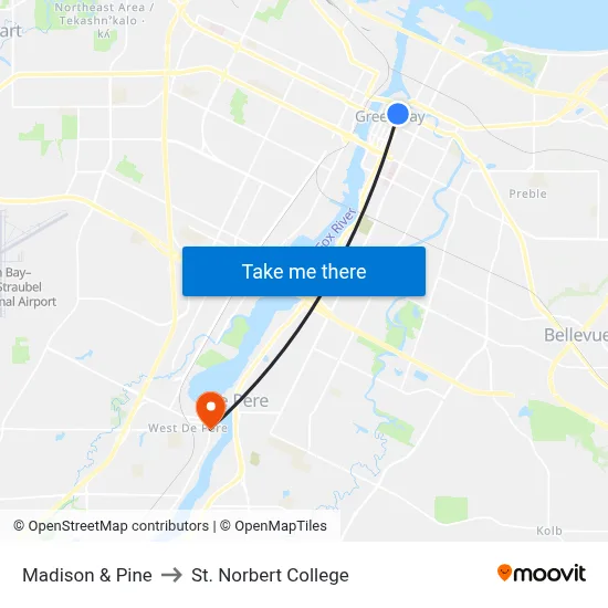 Madison & Pine to St. Norbert College map