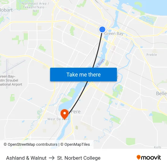 Ashland & Walnut to St. Norbert College map