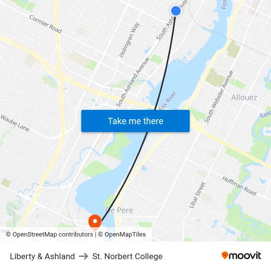 Liberty & Ashland to St. Norbert College map