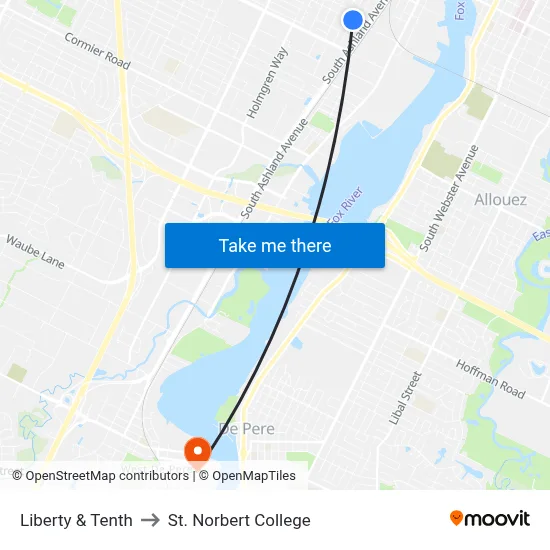 Liberty & Tenth to St. Norbert College map