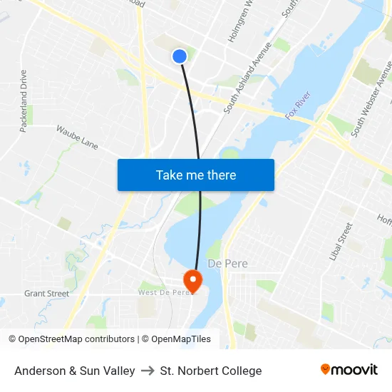 Anderson & Sun Valley to St. Norbert College map
