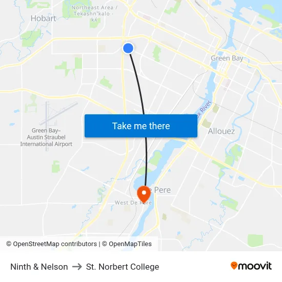 Ninth & Nelson to St. Norbert College map