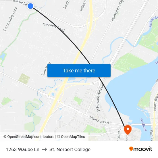 1263 Waube Ln to St. Norbert College map