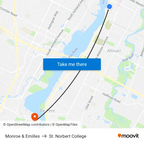 Monroe & Emilles to St. Norbert College map