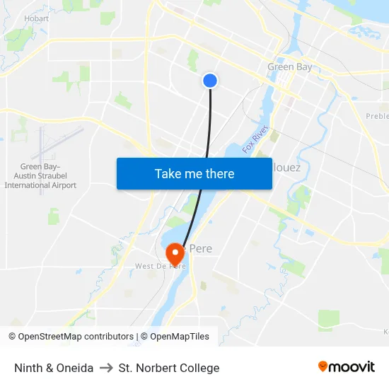 Ninth & Oneida to St. Norbert College map
