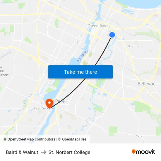Baird & Walnut to St. Norbert College map