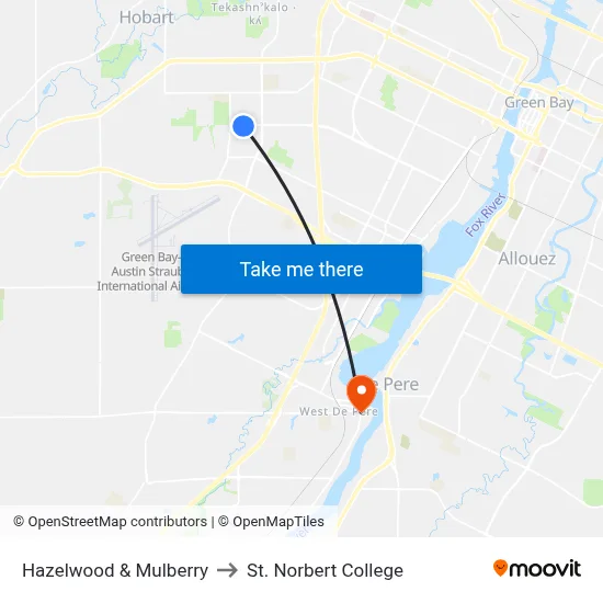 Hazelwood & Mulberry to St. Norbert College map
