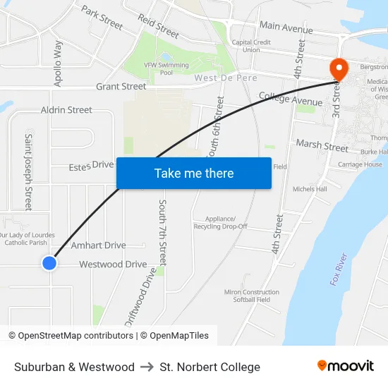 Suburban & Westwood to St. Norbert College map