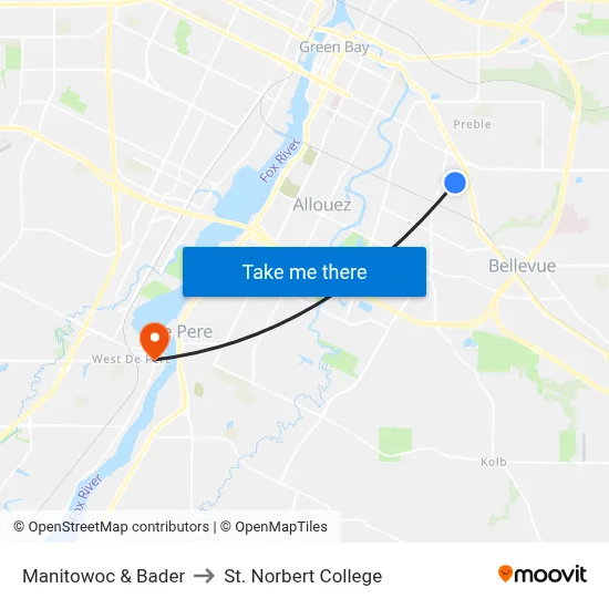 Manitowoc & Bader to St. Norbert College map