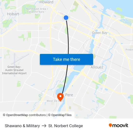 Shawano & Military to St. Norbert College map