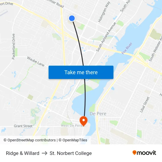 Ridge & Willard to St. Norbert College map