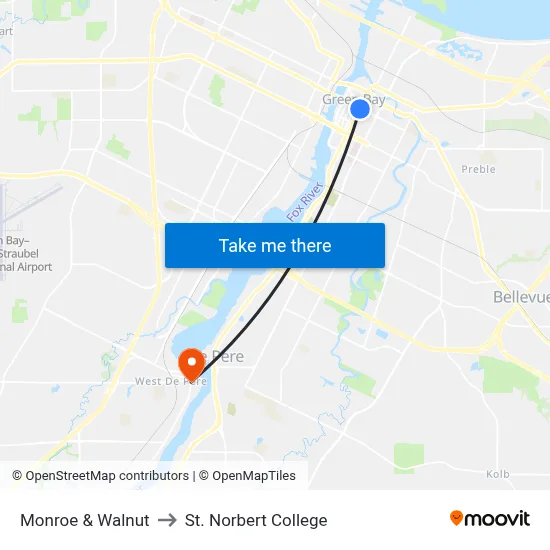 Monroe & Walnut to St. Norbert College map