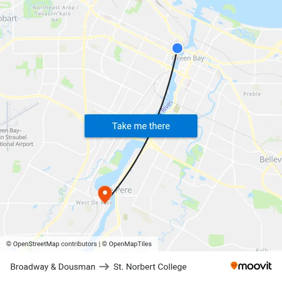 Broadway & Dousman to St. Norbert College map