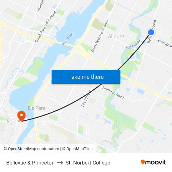 Bellevue & Princeton to St. Norbert College map