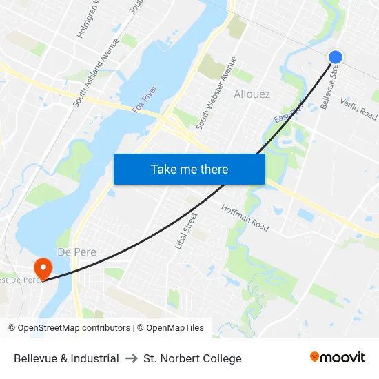 Bellevue & Industrial to St. Norbert College map