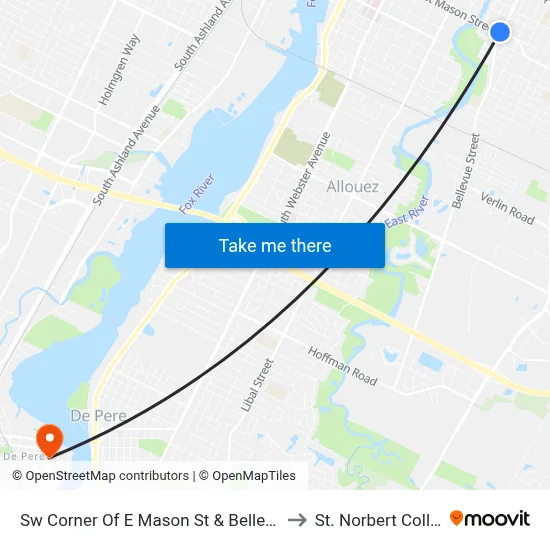 Sw Corner Of E Mason St & Bellevue St to St. Norbert College map