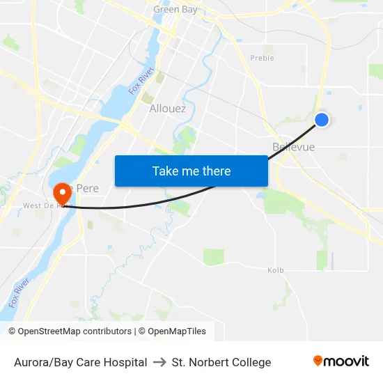 Aurora/Bay Care Hospital to St. Norbert College map