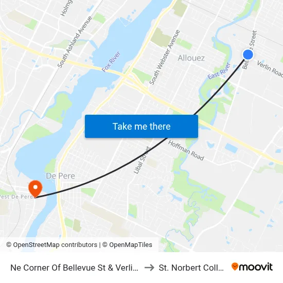 Ne Corner Of Bellevue St & Verlin Rd to St. Norbert College map