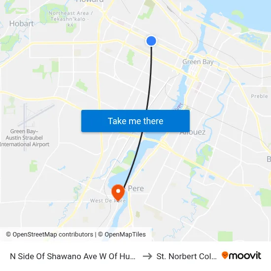 N Side Of Shawano Ave W Of Hudson St to St. Norbert College map