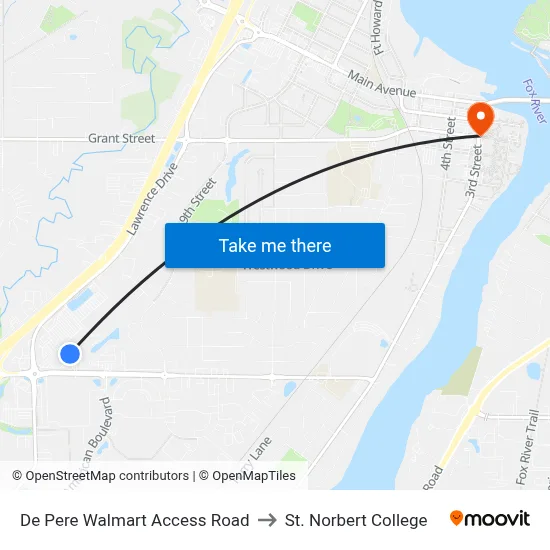 De Pere Walmart Access Road to St. Norbert College map
