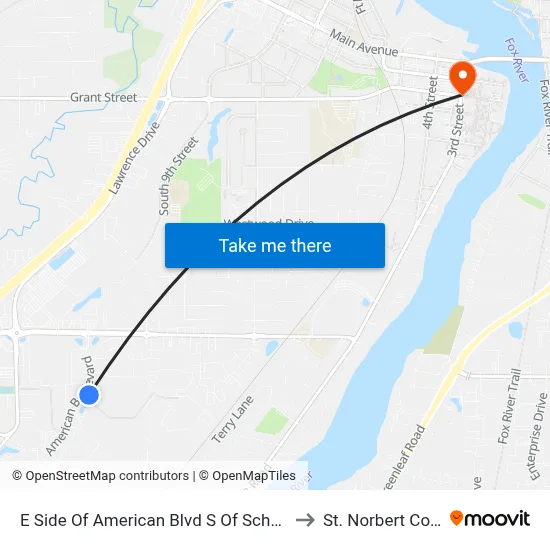E Side Of American Blvd S Of Scheuring Rd to St. Norbert College map
