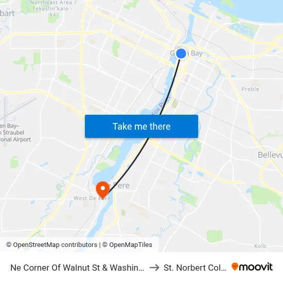 Ne Corner Of Walnut St & Washington St to St. Norbert College map
