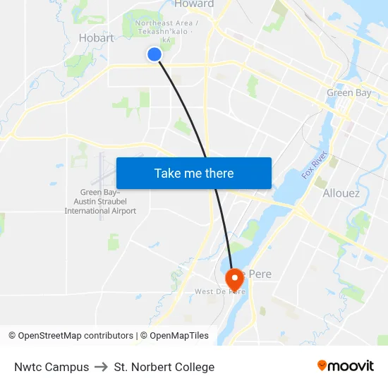 Nwtc Campus to St. Norbert College map