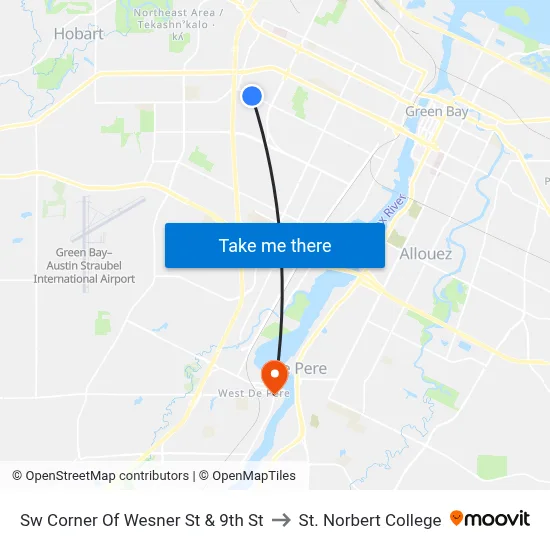 Sw Corner Of Wesner St & 9th St to St. Norbert College map