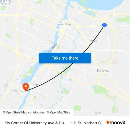 Sw Corner Of University Ave & Humboldt Road to St. Norbert College map