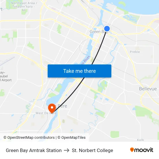 Green Bay Amtrak Station to St. Norbert College map