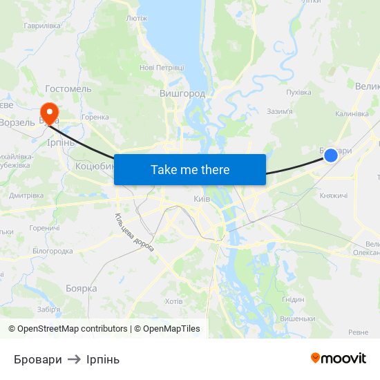 Бровари to Ірпінь map