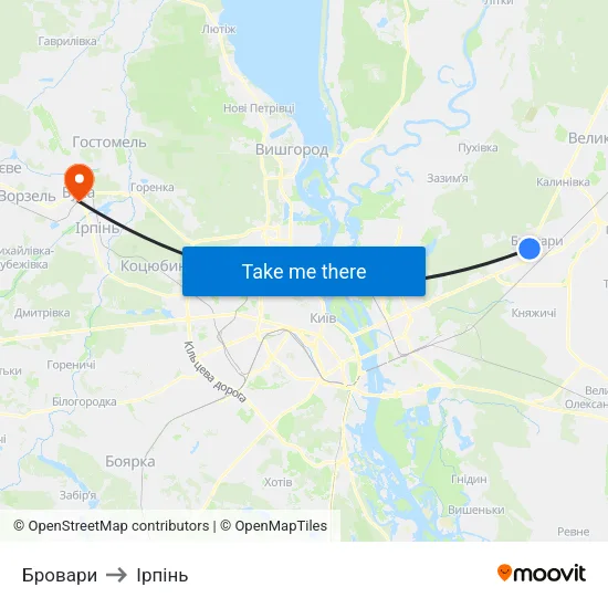 Бровари to Ірпінь map