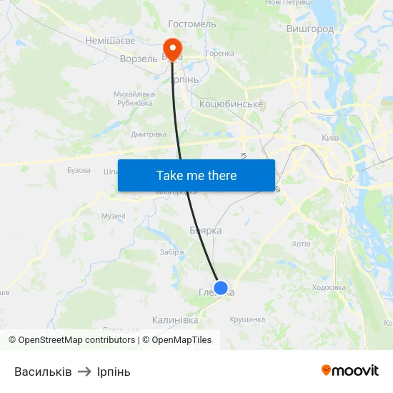Васильків to Ірпінь map