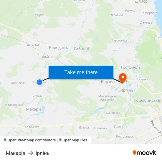 Макарів to Ірпінь map