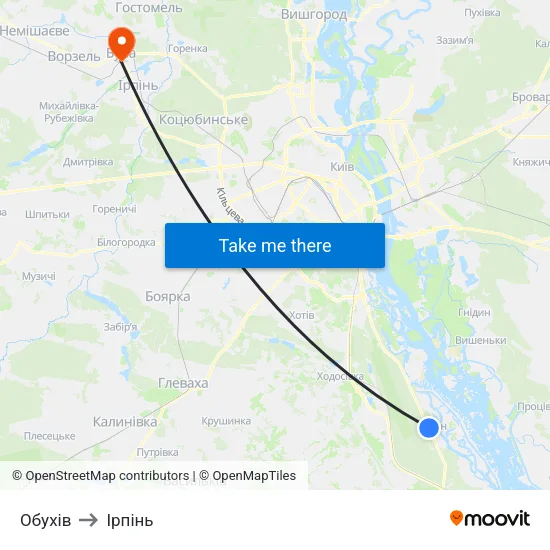 Обухів to Ірпінь map