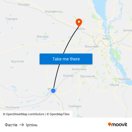 Фастів to Ірпінь map