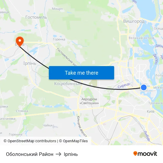 Оболонський Район to Ірпінь map