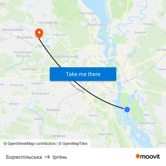 Бориспiльська to Ірпінь map