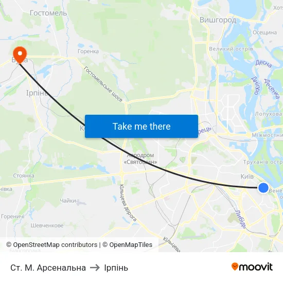 Ст. М. Арсенальна to Ірпінь map