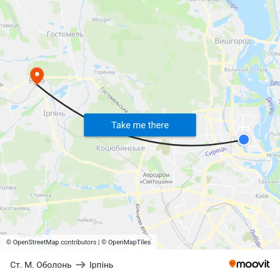 Ст. М. Оболонь to Ірпінь map