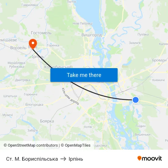 Ст. М. Бориспільська to Ірпінь map