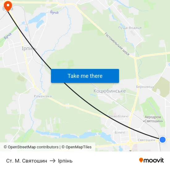 Ст. М. Святошин to Ірпінь map