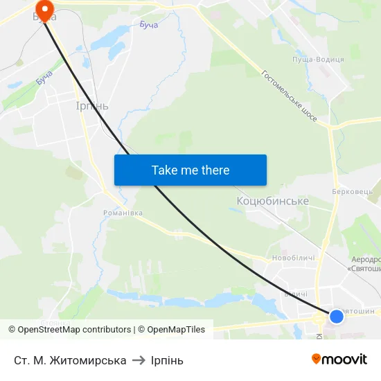 Ст. М. Житомирська to Ірпінь map