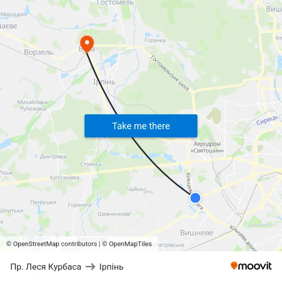 Пр. Леся Курбаса to Ірпінь map