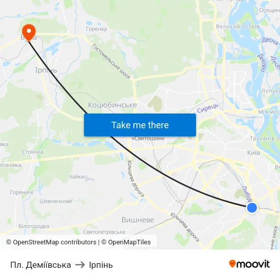 Пл. Деміївська to Ірпінь map