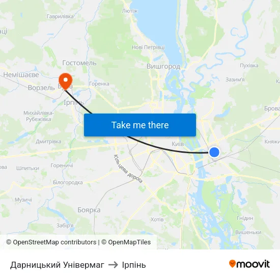 Дарницький Універмаг to Ірпінь map