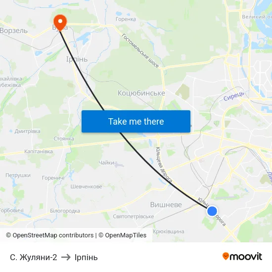 С. Жуляни-2 to Ірпінь map