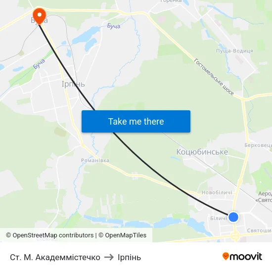 Ст. М. Академмістечко to Ірпінь map