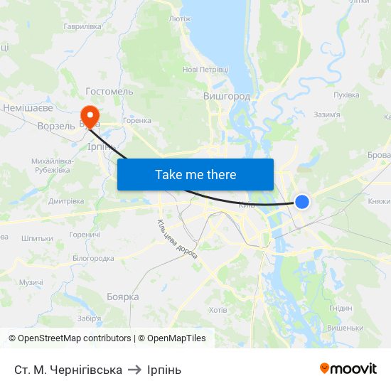 Ст. М. Чернігівська to Ірпінь map